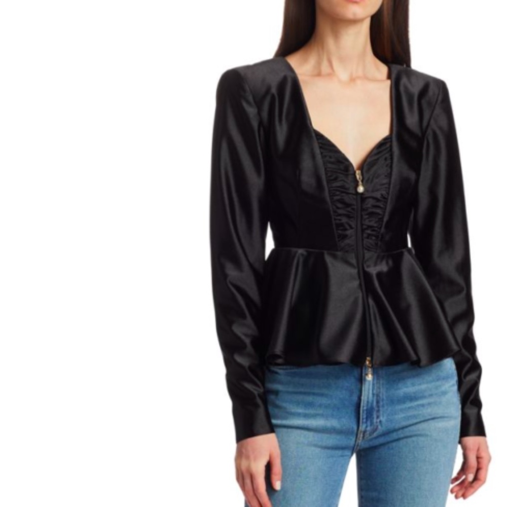 ROTATE BIRGER CHRISTENSEN Elegant Annie Padded Shoulder Black Satin Peplum Top S